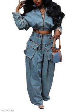Women's Denim Cargo 2-Piece Set Crop Zip Jacket Wide Leg Jeans Y2K